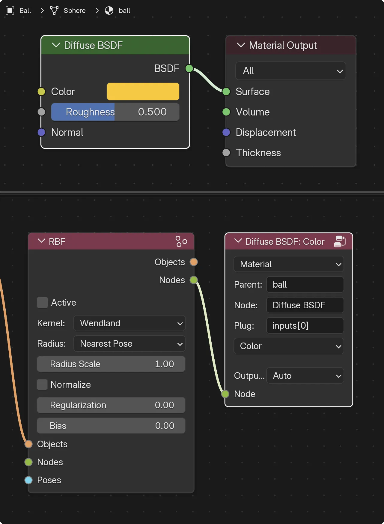 A referenced shading node in the RBF Nodes Editor (bottom) and the source node in the Shader Editor (top).