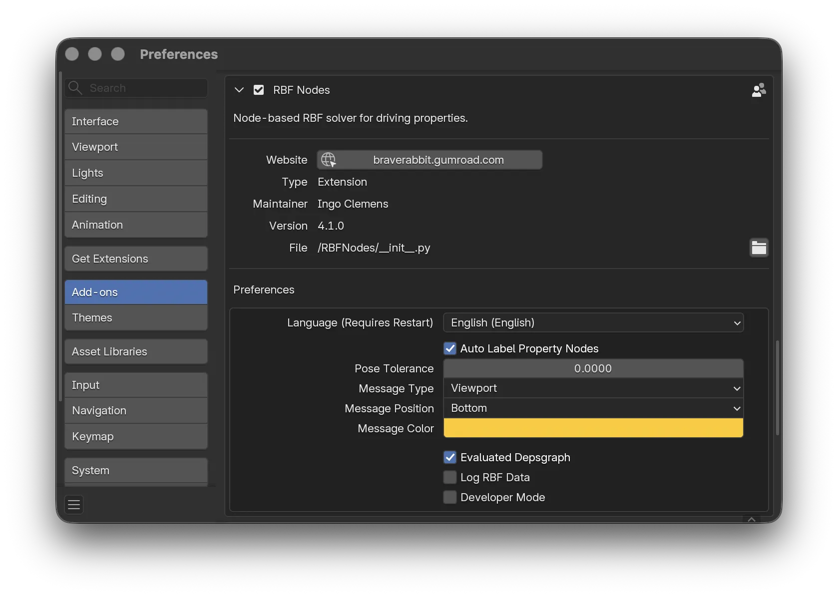 The RBF Nodes preferences panel.