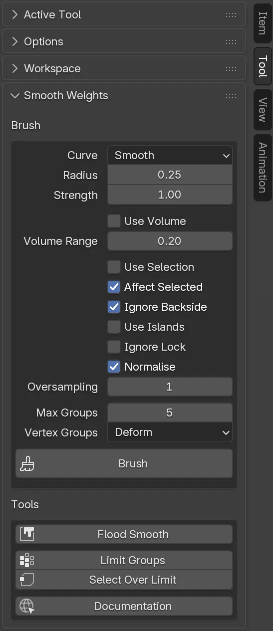 The Smooth Weights subpanel within the Tool panel.