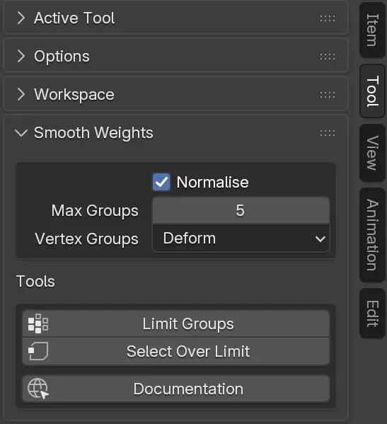 The Smooth Weights subpanel within the Tool panel in Edit Mode.