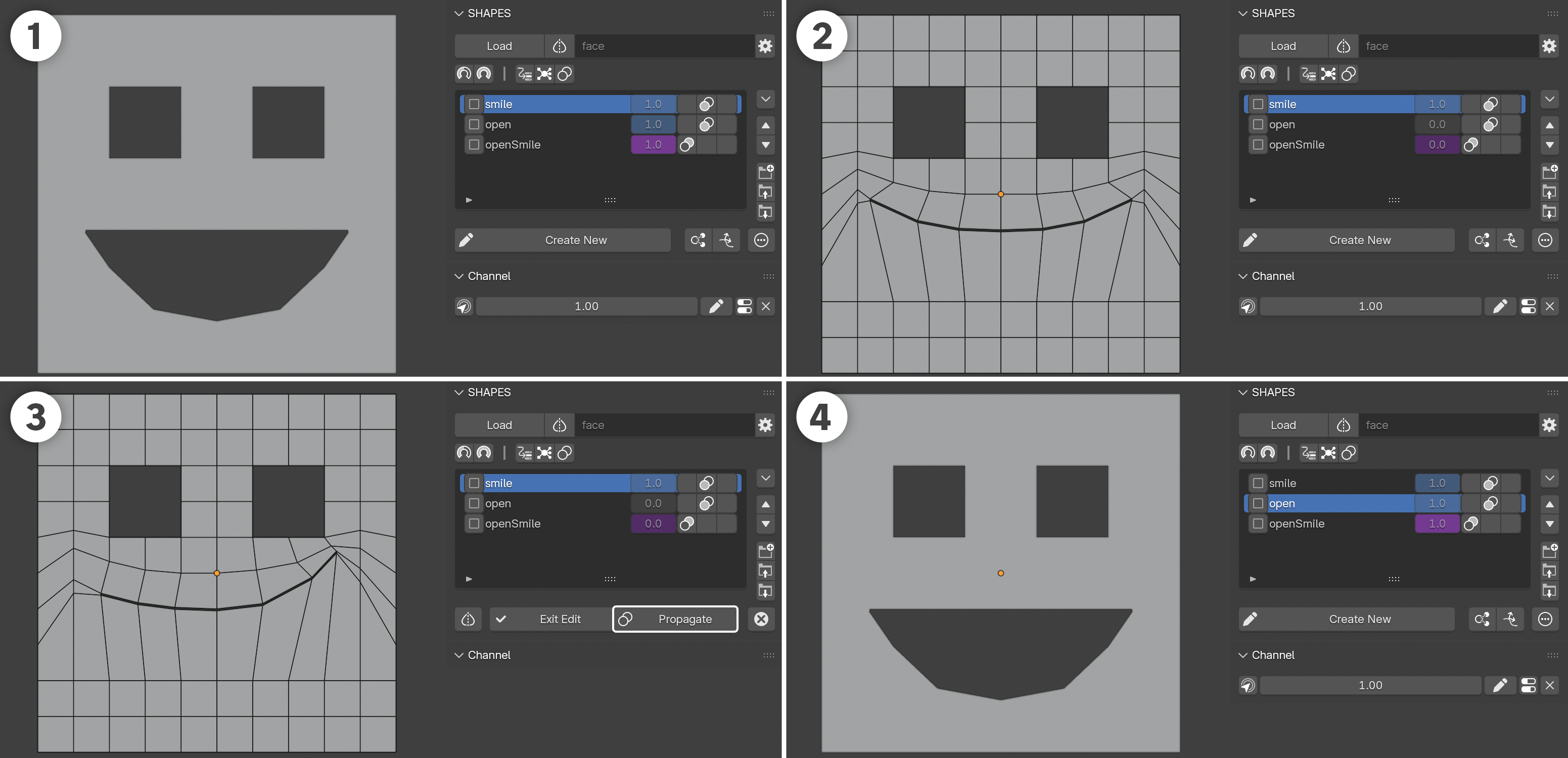 The effect of editing a Combo Driver with Combo Edit Propagation: 1. The original resulting shape with the smile and open shapes active. 2. The original smile shape before editing. 3. Editing the smile shape and exiting with Propagation enabled. 4. The Combo Target shape remains unchanged even though one of the driving shapes has been edited.