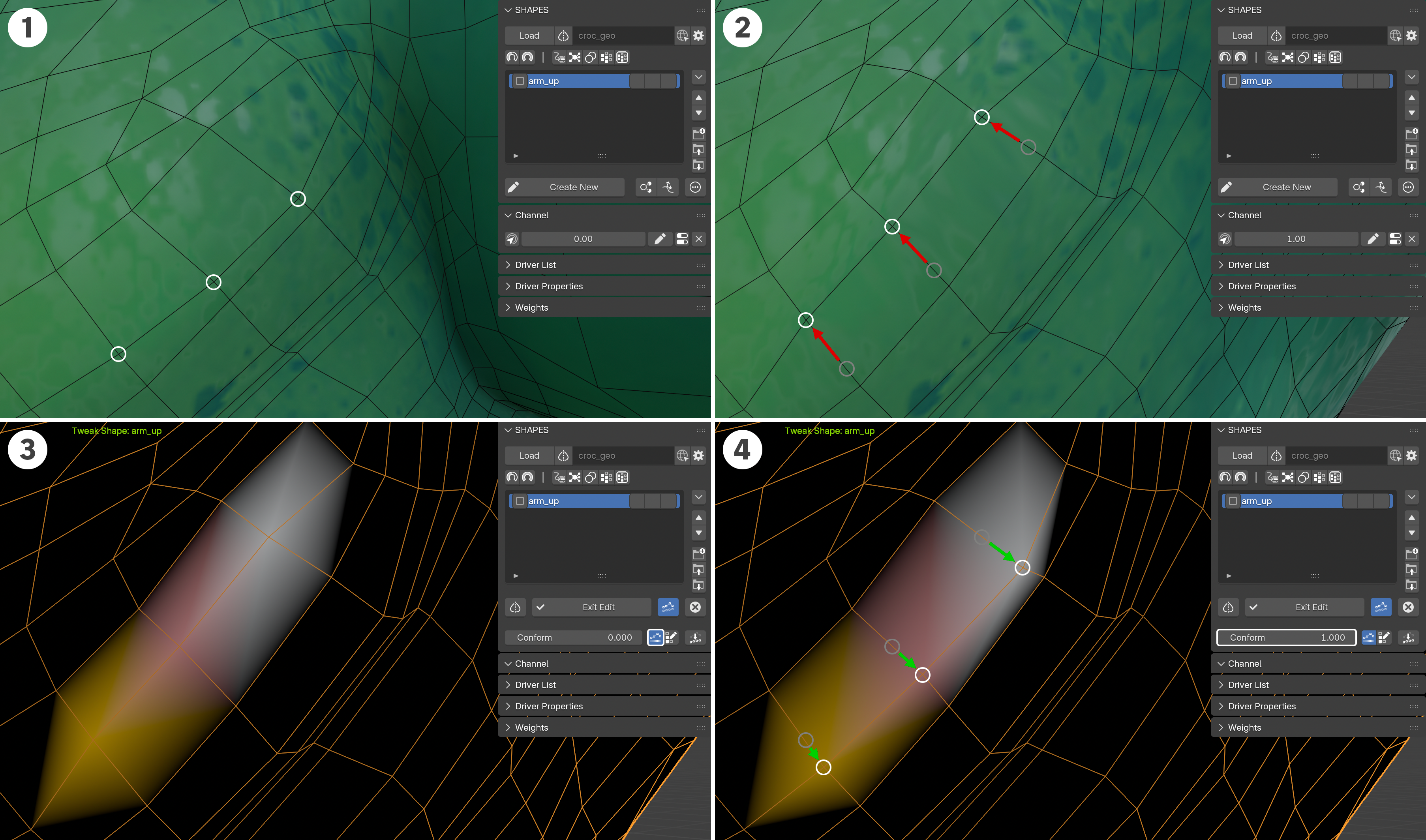 Identifying and correcting the effects of shape deviation with Conform Shape: 1. The undeformed shape with specific vertex positions. 2. Excessive vertex movement in the deformed state. 3. Visualizing deviation strength with enabled Deviation display. 4. Previewing the correction with the Conform Value.