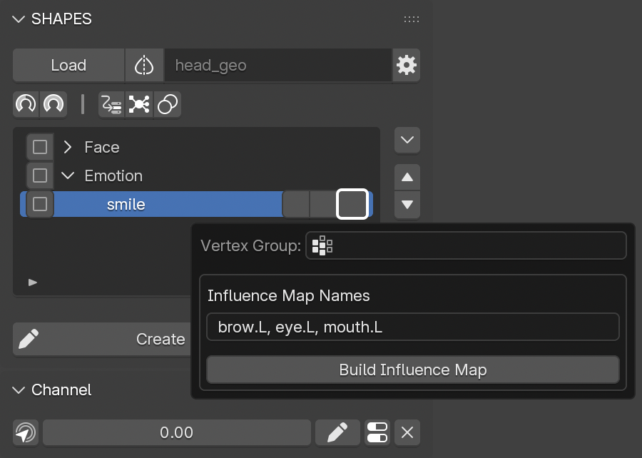 Setting the names for the Influence Map regions in the vertex groups panel.