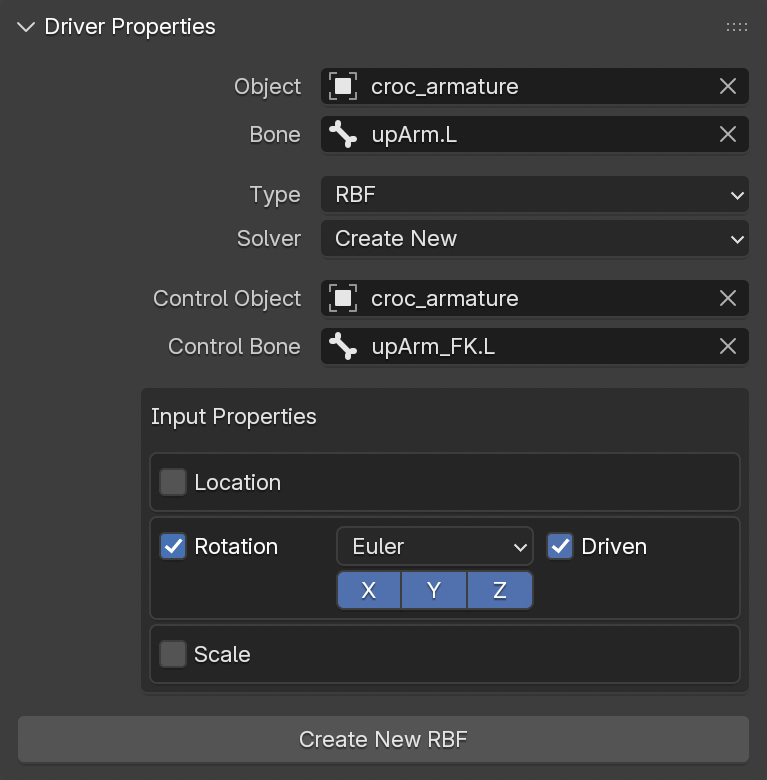 The Driver Properties panel with an additional Control Object set.