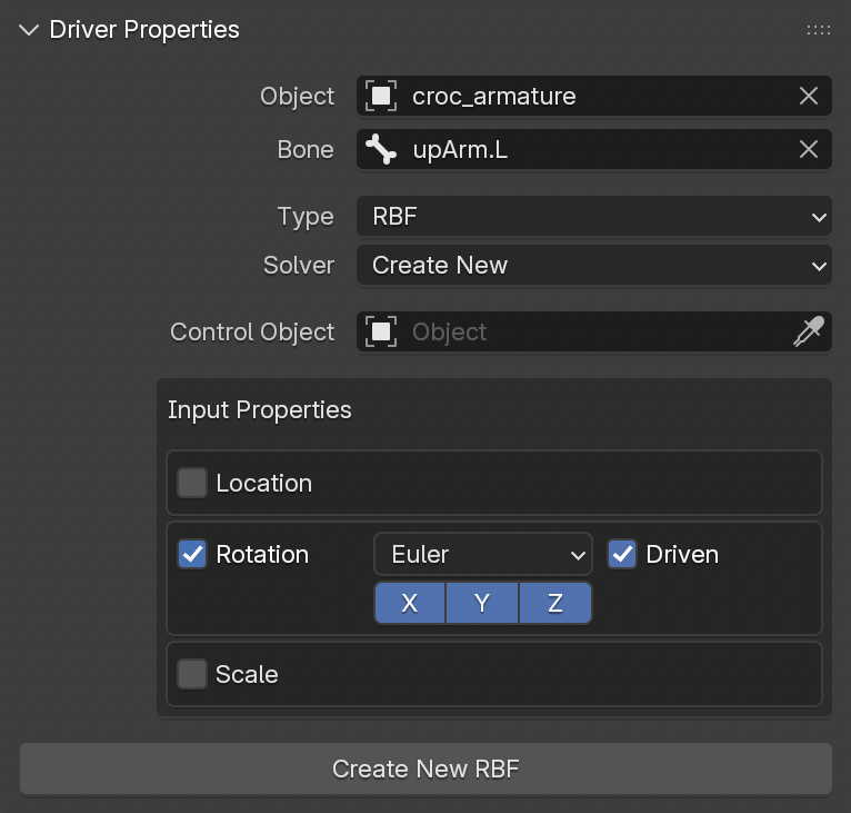 The Driver Properties panel with RBF selected as the Shape Driver type.